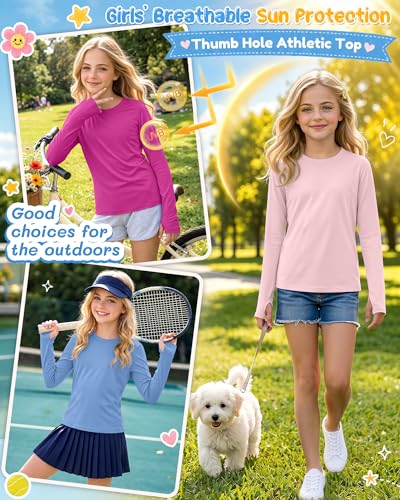 Image of 3 Pack Girls' Rash Guard Swim Long Sleeve Shirt UPF 50+ UV Sun Protection Quick Dry Tee with Thumb Holes 5-14Y
