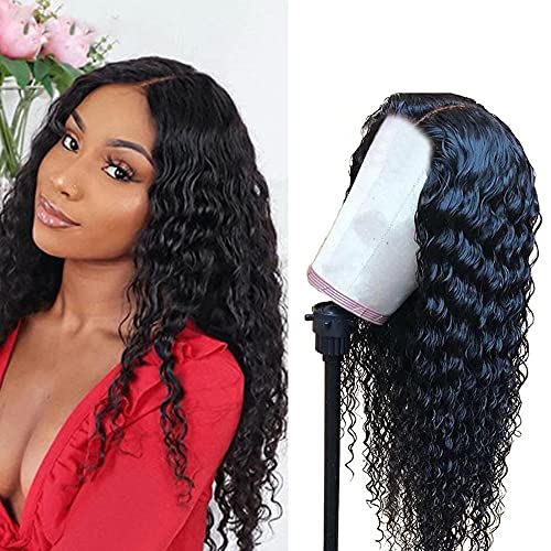 Deep Wave Wigs, 150% Density Water Curly Wig Middle Part None Lace Front Synthetic Glueless Wigs for Black Women (24 Inch)