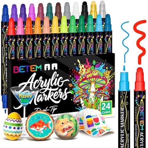 Betem 24 Colors Dual Tip Acrylic Paint Markers, Fabric Decorating Kits | Premium Water-Based Acrylic Paint Pens Art Supplies for Fabric, Rock, Wood, Glass, Canvas, Ceramic, School Supplies