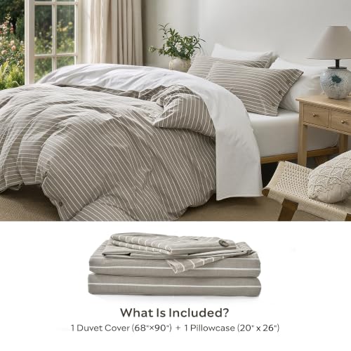 Image of JELLYMONI 100% Washed Cotton Beige Striped Duvet Cover Set Twin