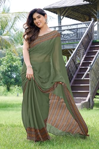Image of MIRCHI FASHION Saree for Woman Chiffon Georgette Polka Dot Border | Plain Lightweight Women's Sari with Printed Pallu and Blouse Piece
