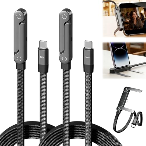 Pipihome 2 Stück 2-in-1 Ladekabel mit Ständer 240 W Seitliches Ladekabel Schnellladekabel USB C Kabel Mehrfach Verstellbar für Smartphones Tablets Laptops 1.5 M