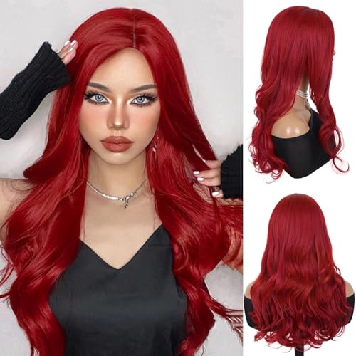 GNIMEGIL 23 Inch Gorgeous Long Curly Wig in Vivid Red Cosplay Poison Ivy Ariel Wig with Bangs Synthetic Body Wave Wigs for Women Halloween Costume Drag Queen Roleplay
