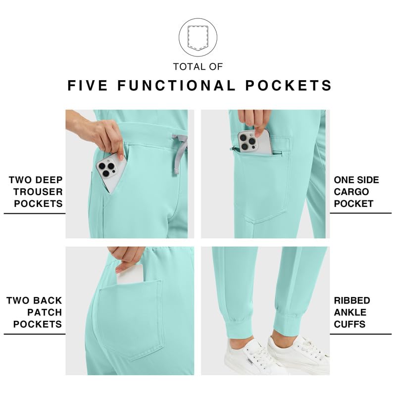 Image of Kitmaz Scrub Pants for Women - Mid Rise 4-Way Stretch Anti-Wrinkle Slim Fit Jogger Pants, Drawstring & 5 Pockets
