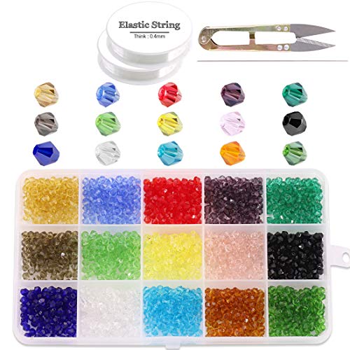 Glarks Juego de 1800 cuentas bicónicas de cristal de 4 mm, 15 cuentas facetadas de cristal en forma de bicono de colores con cuerda elástica, tijeras, aguja para hacer joyas, pulseras, collares,
