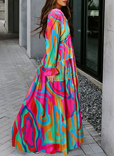 Blencot Women'S Casual Boho Geometry Multi Printed Deep V Neck Loose Long Sleeve Long Evening Ruched Cocktail Party Maxi Wedding Dress Medium thumb #6