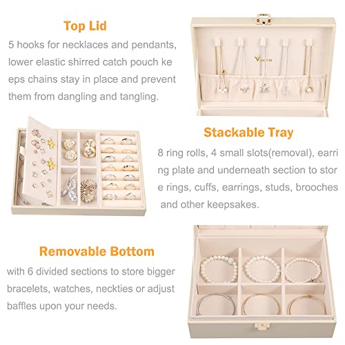 Voova Jewelry Box Organizer for Women Girls, 2 Layer Large Men Jewelry Storage Case, PU Leather Display Jewellery Holder with Removable Tray for Necklace Earrings Rings Bracelets, Vintage Gift,Apricot2