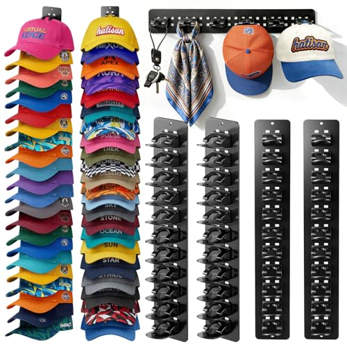 4 Pack Hat Organizer for Baseball Caps, Detachable DIY Hat Rack for Wall Hat Holder Hold up to 44 Hats, Baseball Cap Organizer Cap Holder Hat Hangers for Wall Closet Door Bedroom(4pcs,Black) - image 1