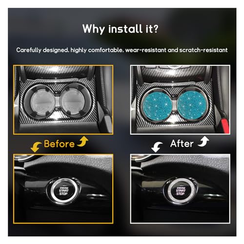 Image of Ziciner 2 Pack Bling Car Cup Holder Coaster, Anti-Slip Auto Insert Coaster with Start Stop Button Cover, Universal Shiny Crystal Vehicle Interior Accessories for Women and Girls (Light Blue)