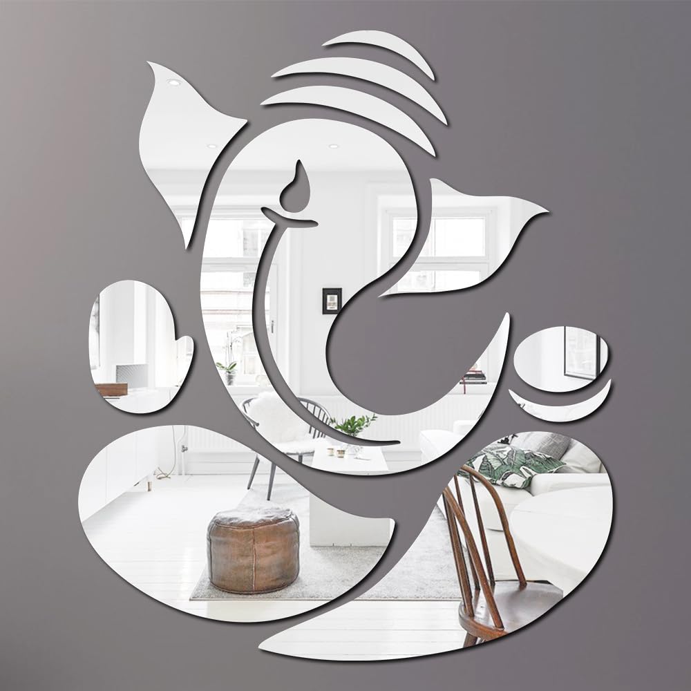 Chote Mote Seller - Ganpati Silver Mirror Stickers for Wall, Acrylic Mirror, Wall Mirror, 3D Stickers, Wall Stickers for Room Hall Home and Office (Silver, Pack of 1)
