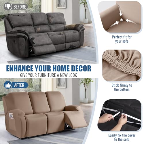 Image of TAOCOCO Recliner Sofa Slipcover, 3 Pieces Polyester Fabric Stretch Sofa Covers for 3 Seat Reclining Couch, Soft Washable Furniture Protector with Pockets (3 Seat, Khaki)