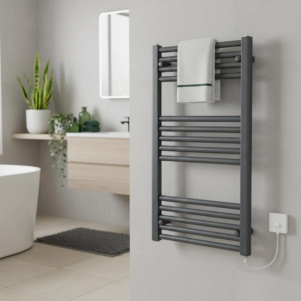500 W x 800 H Antracita eléctrico recto toallero radiador de baño | Plano, baño, recto, calentador de toallas