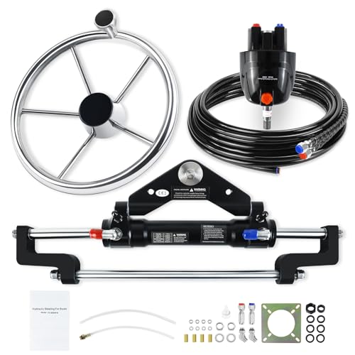 QYMOPAY 300HP Hydraulic Outboard Steering Kit, Marine Hydraulic Steering System with Bi-Directional Locking Cylinders and 26 ft High Strength Nylon Hose, Single Station, Single Engine Use