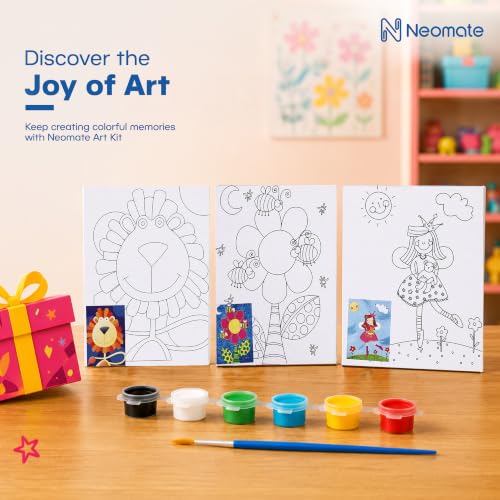 Image of Neomate Canvas Painting Kit for Kids | DIY Painting Set with 3 Printed Canvas, 6 Acrylic Paint Pots & Brush | Art and Craft Kit, Paint Kit for Kids, Birthday Gift, Return Gift, Creative Activity Set
