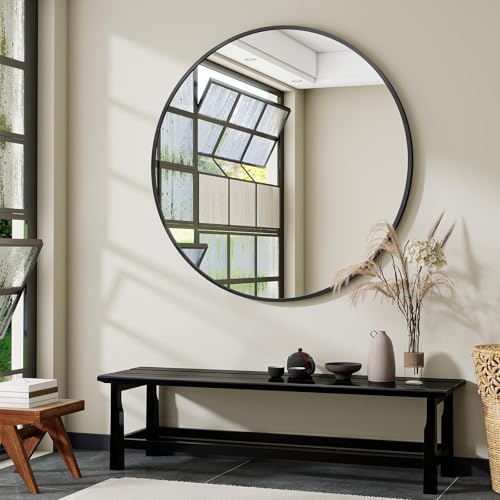 VooBang Black Round Bathroom Mirror, 42 inch Large Circle Wall Mounted Hanging Mirror with Simple Modern Circular Metal Frame for Hallway, Entryway, Living Room, Black Frame
