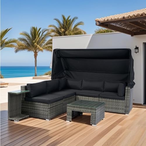 7-Piece Patio Furniture Set w/Retractable Canopy Wicker Rattan Sectional Sofa Set Patio Furniture with Washable Cushions for Lawn, Garden, Backyard, Poolside Grey Wicker + Black Cushion