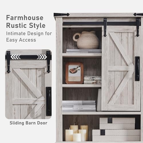 Image of OKD Over The Toilet Storage Cabinet, Farmhouse Storage Cabinet Over Toilet with Sliding Barn Door & Adjustable Shelves, Home Space Saver for Bathroom, Living Room, Antique Brush White