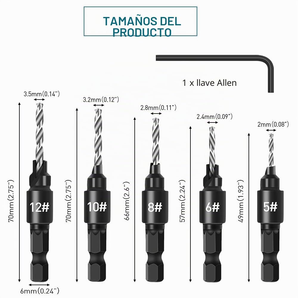 Juego de 5 brocas avellanadoras para carpintería, 1/4" HSS con avellanador, para tornillos #5-12, con llave en L