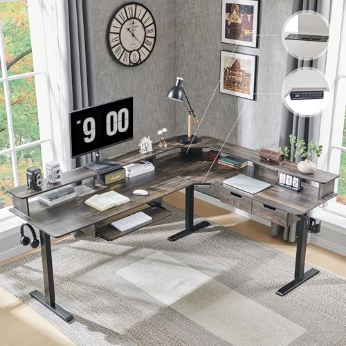 Image of RedLemon 75X60 Inches L Shaped Electric Standing Desk,Height Adjustable Corner Gaming Desk with Drawers, Keyboard Tray, Power Outlets & LED Lights, Computer Desk with Monitor Shelf, Dark Rustic Oak