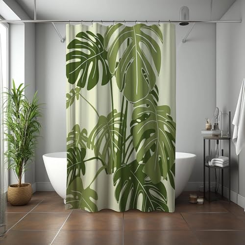 Cortina de ducha de monstera verde, planta de hojas contemporáneas modernas y sencillas, alfombra de baño minimalista, decoración de baño para el hogar, 84 x 212 cm/33 x 83 pulgadas (ancho x alto)