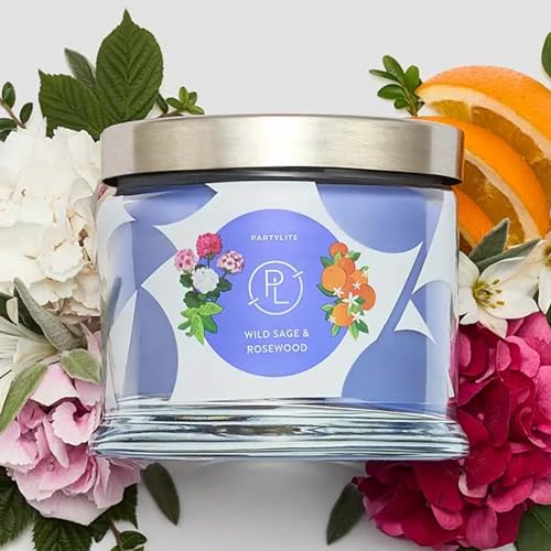 PartyLite Aroma a salvia silvestre y palisandro, notas de hoja de salvia, palisandro, pétalos de geranio y citronela, vela en tarro de 3 mechas de 374.2 g, tiempo de combustión de 45 horas, fragancia