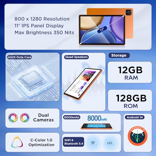 Android Tablets, 11 inch Octa-Core Processor Tablet with 2 Years Protection, 128GB Storage,12GB RAM, 6ft Charging Cable, 8000mAh Battery, Reinforced Type-C Port, Quad-Speaker, Orange - Image 3