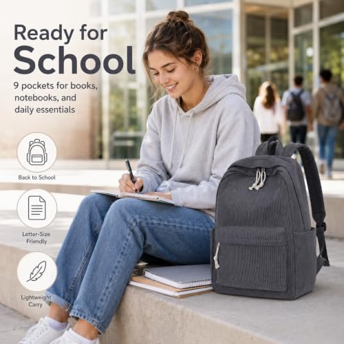 Image of BTOOP School Backpack for Teens Large Corduroy Bookbag Lightweight 15.6 inch Laptop Bag for Girls Women Casual High School College