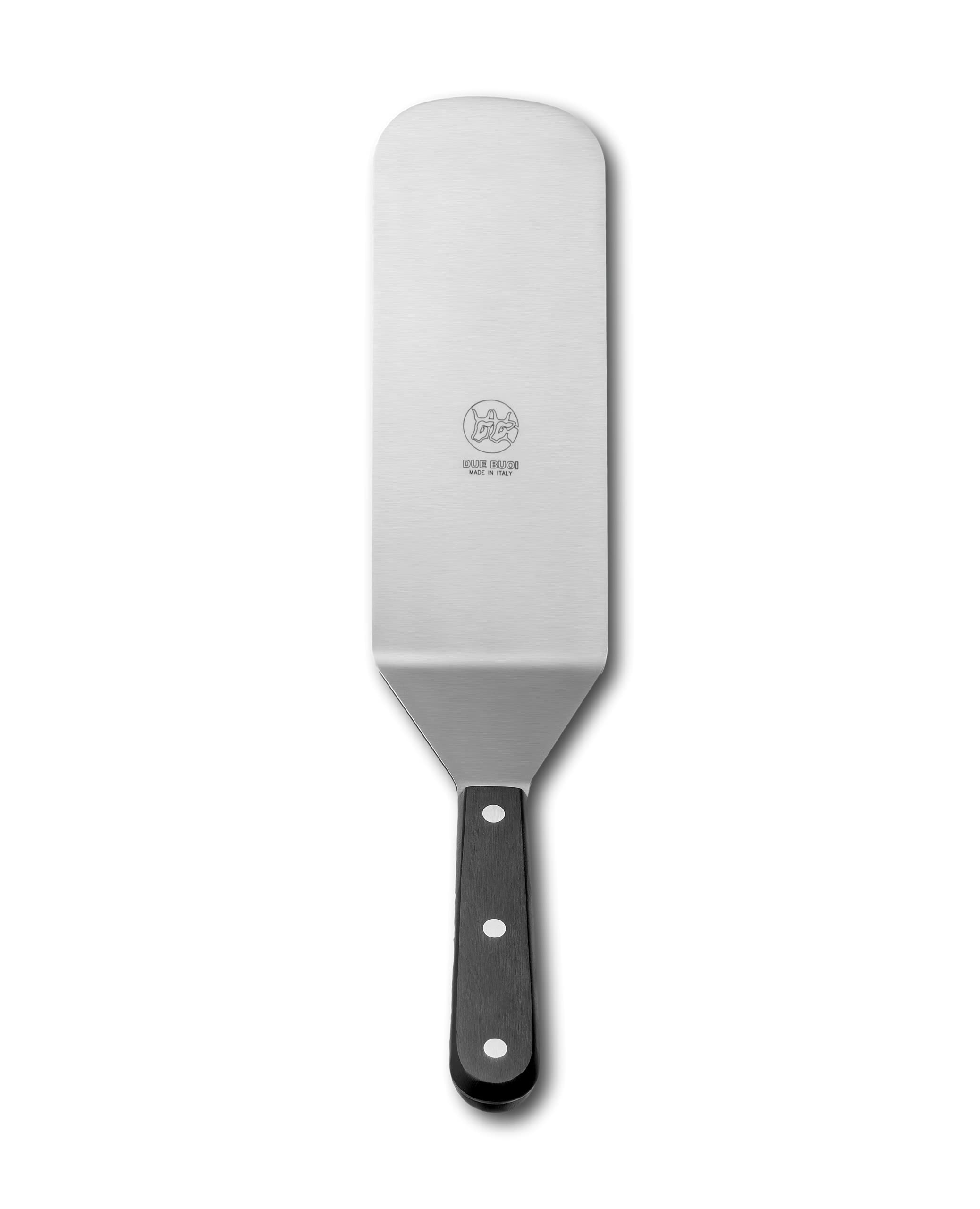 DUE BUOI Lasagna Long Spatula blade dimension 3.15” X 10". Hardened stainless steel. Professional quality restaurant. Kitchen bbq grill griddle pastry. Full Tang Triple Riveted. ICQ Approved.