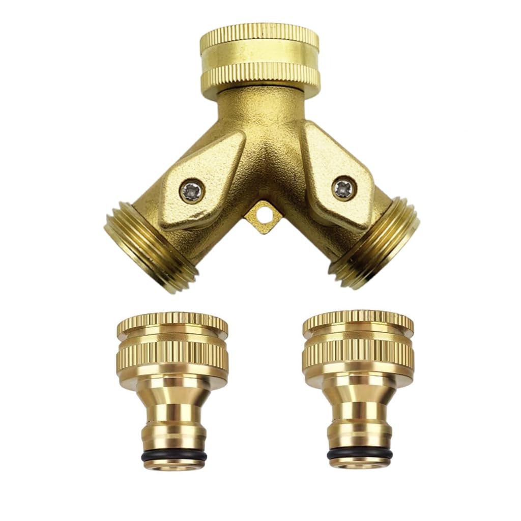 Brass 2 Way Y Valve Tap Connector - Garden Hose Splitter with 2Pcs 3/4" Tap Connector, Gold