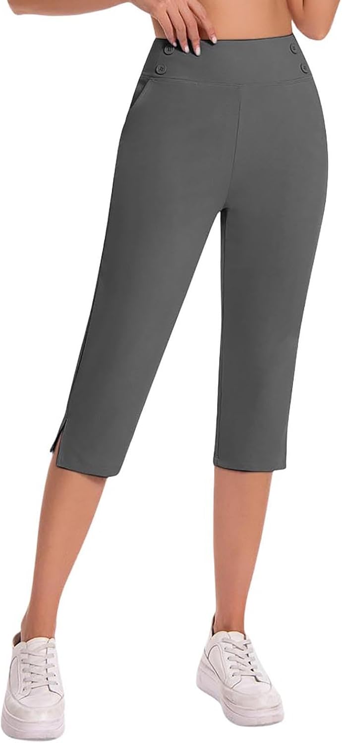 Women Yoga Capri Pants with Pocket Casual Tummy Control Workout Capris High Waist Stretch Leggings Straight Leg Pant