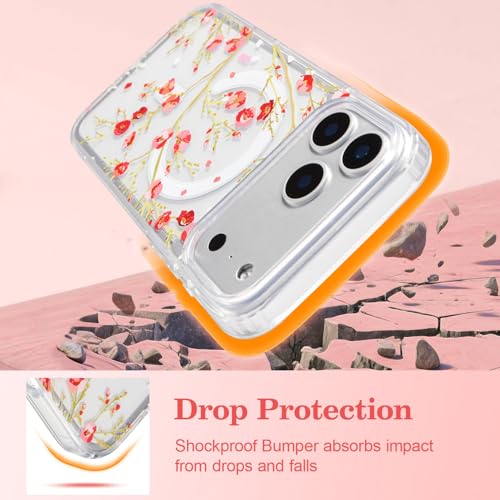Étui iPhone 17 Pro à fleurs rouge compatible MagSafe, idée cadeau femme