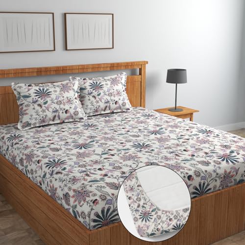 Image of Blue Strip Polycotton Fitted Bedsheet, King 72x78 (White Multi) | 300 TC | All-Round Elastic Grip | Soft, Breathable & Colourfast | Wrinkle Resistant | Machine Washable