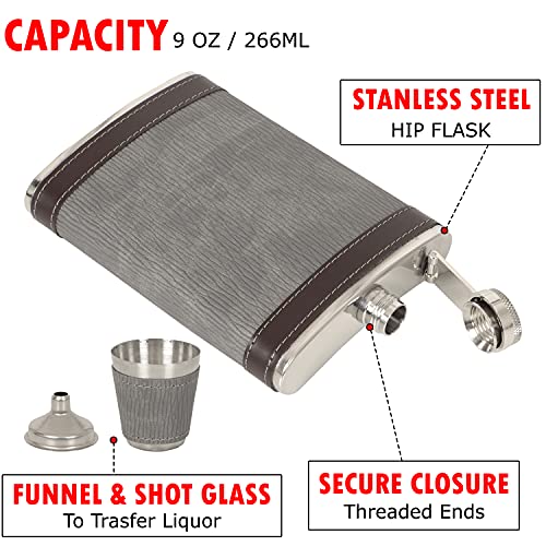 Image of Stainless Steel Hip Flask with Funnel & 4 Shot Glass for Men & Women, 9 oz (266 ml) Wine Whiskey Vodka Alcohol Drinks Pocket Bottle Beverage Holder (AR3783)