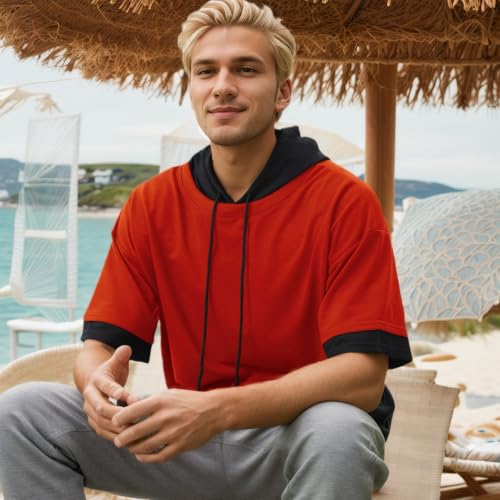 Mens Short Sleeve Hoodie Soft Cotton Color Block Moisture Wicking Big Pocket Streetwear Short Sleeve Sweatshirt4