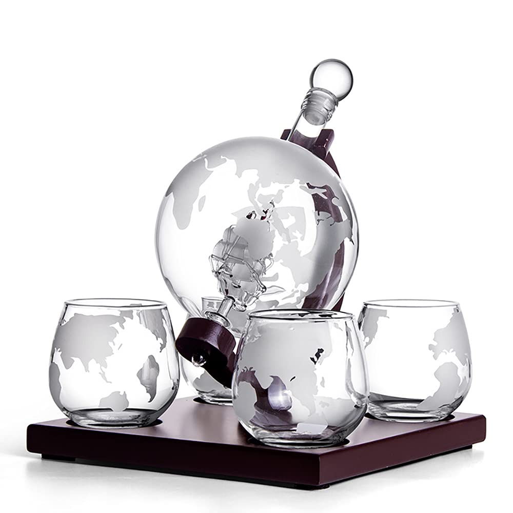 Juego de decantador de whisky Decantador de globo terráqueo grabado con 4 vasos Decantador de licor de 1000 ml para whisky escocés Vodka Escocés, accesorios de bar para el hogar de ron para hombres,