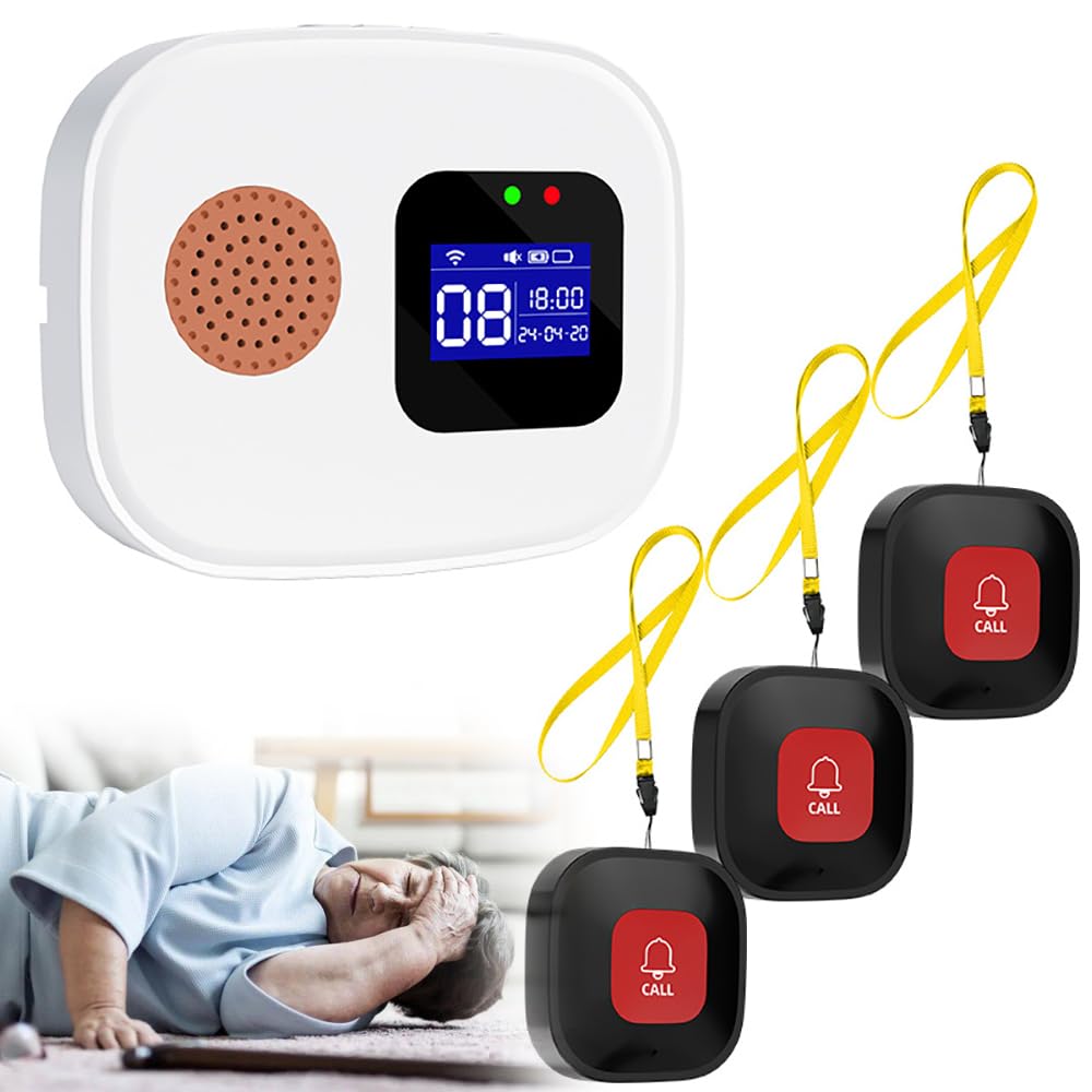 Botón De Llamada De Emergencia para Ancianos, Buscapersonas Cuidadores con 3 SOS Y 1 Receptor, Sistema De Alerta Inteligente De Personas Mayores, Pantalla Digital LED, 16 Tipos De Tonos De Llamada