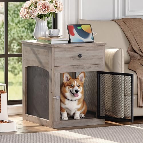 HOOBRO Dog Crate Furniture, Dog Kennel with Drawer and Charging Station, Indoor Decorative Puppy House, Wooden Pet Crate End Table for Small Dogs, Greige and Black BG58UGW03G1 - Image 5
