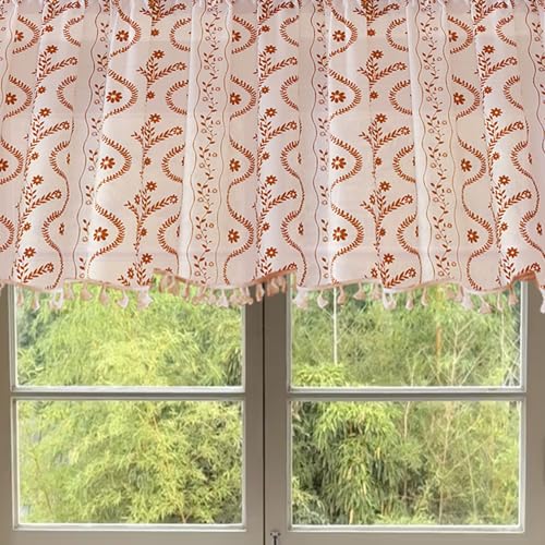 Image of Boho Valance Curtain for Kitchen Window, Terracotta on Beige Farmhouse Short Curtains Floral Tassel Window Valance Light Filtering Rod Pocket 1 Panel 55 inch W x 14 inch L