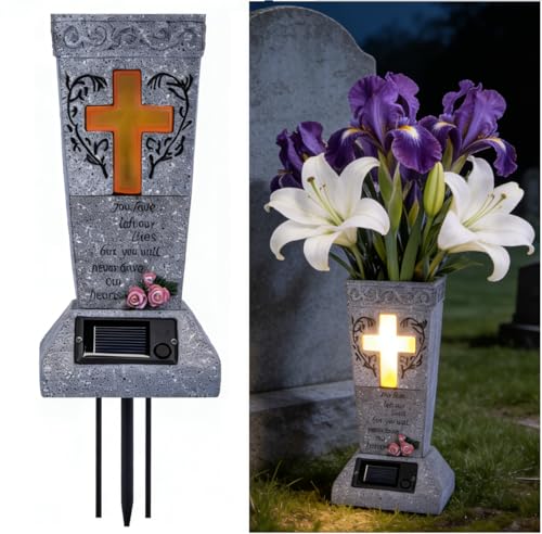 Solar Cemetery Grave Vase with LED for Fresh/Artificial Flowers Headstones Vases with Spikes Gravestone Decor Memorial Gifts for Loss of Loved One