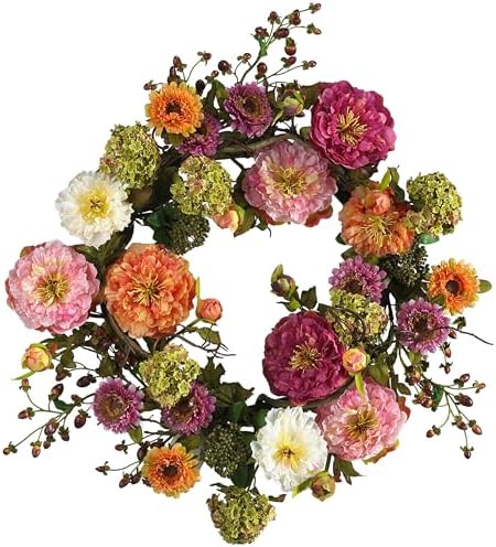 Nearly Natural 24in Artificial Peony Wreath Faux Floral Door Wrea...