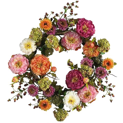 Nearly Natural 24in Artificial Peony Wreath Multicolor Faux Floral Spring Wreath for Front Door, Indoor Wall Decor, and Dining Table Centerpiece by Nearly Natural - Used condition - US$66.06