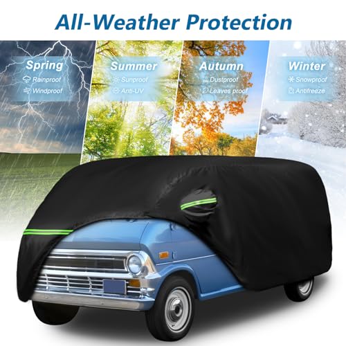 Image of Car Covers for 1961-1974 Falcon Club Wagon E-100,Econoline E-100 Van | Waterproof 420D Oxford Cloth Sun Heat Protection Outdoor Full Covers with Driver Side Zipper Windproof Heavy Duty All Weather