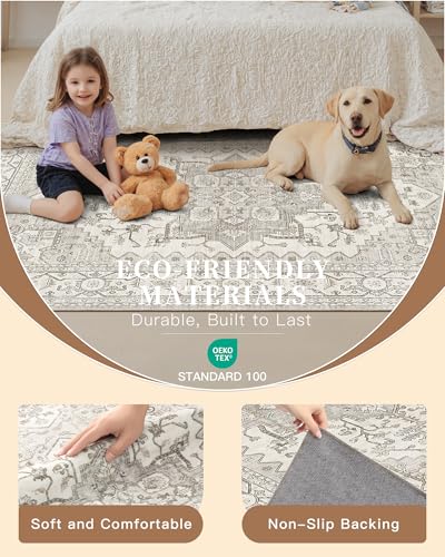 Madane Washable Area Rug 2x3, Small Entryway Rug Non-Slip Vintage Door Mat Indoor Entrance, Low Pile Floor Carpet for Inside Front Door Bedroom Kitchen Entry Laundry (2'x3', Beige/Brown)