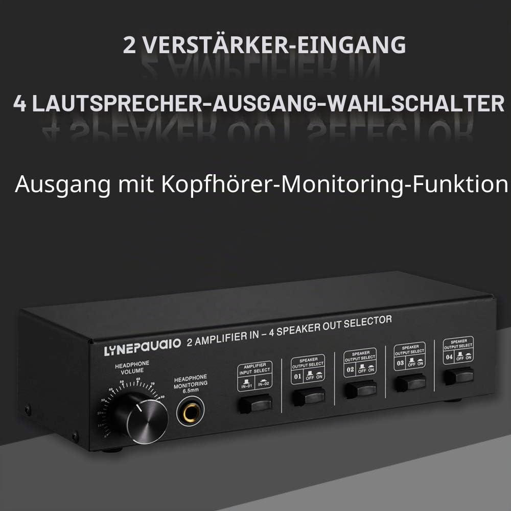 4 Zone Speaker Selector LINEPAUDIO 2 in 4 Out Lautsprecherwahlschalter Box 4-Zonen-Verstärker und Lautsprecherwahlschalter mit Lautstärkeregler Bananenbuchse 6,5 mm Kopfhöreranschluss