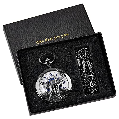 Image of Men's Black Arabic Numerals Mechanical Pocket Watch with Chain,Mechanical Pocket Watches for Men