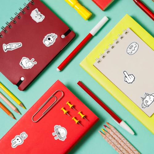 Image of Black & White Doodle Vinyl Stickers Pack of 50 | Waterproof Aesthetic Cartoon Decals for Laptop, Water Bottle, Phone, Journal, Helmet, Bicycle, Skateboard, Scrapbook & Luggage | Random Cute Monochrome