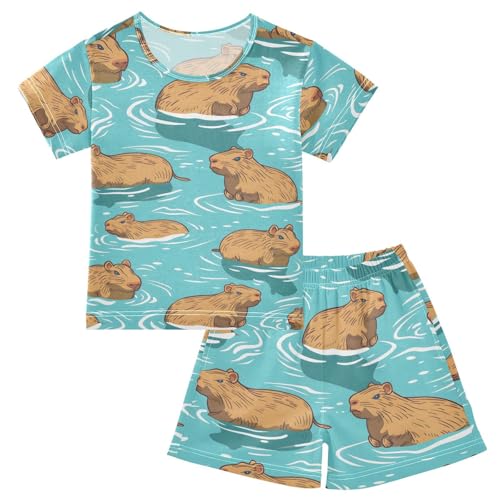 ALAZA Capybaras Blue Pajamas Short Sleeve 2 Piece Sleepwear Top and Bottom Pajama Set Unisex