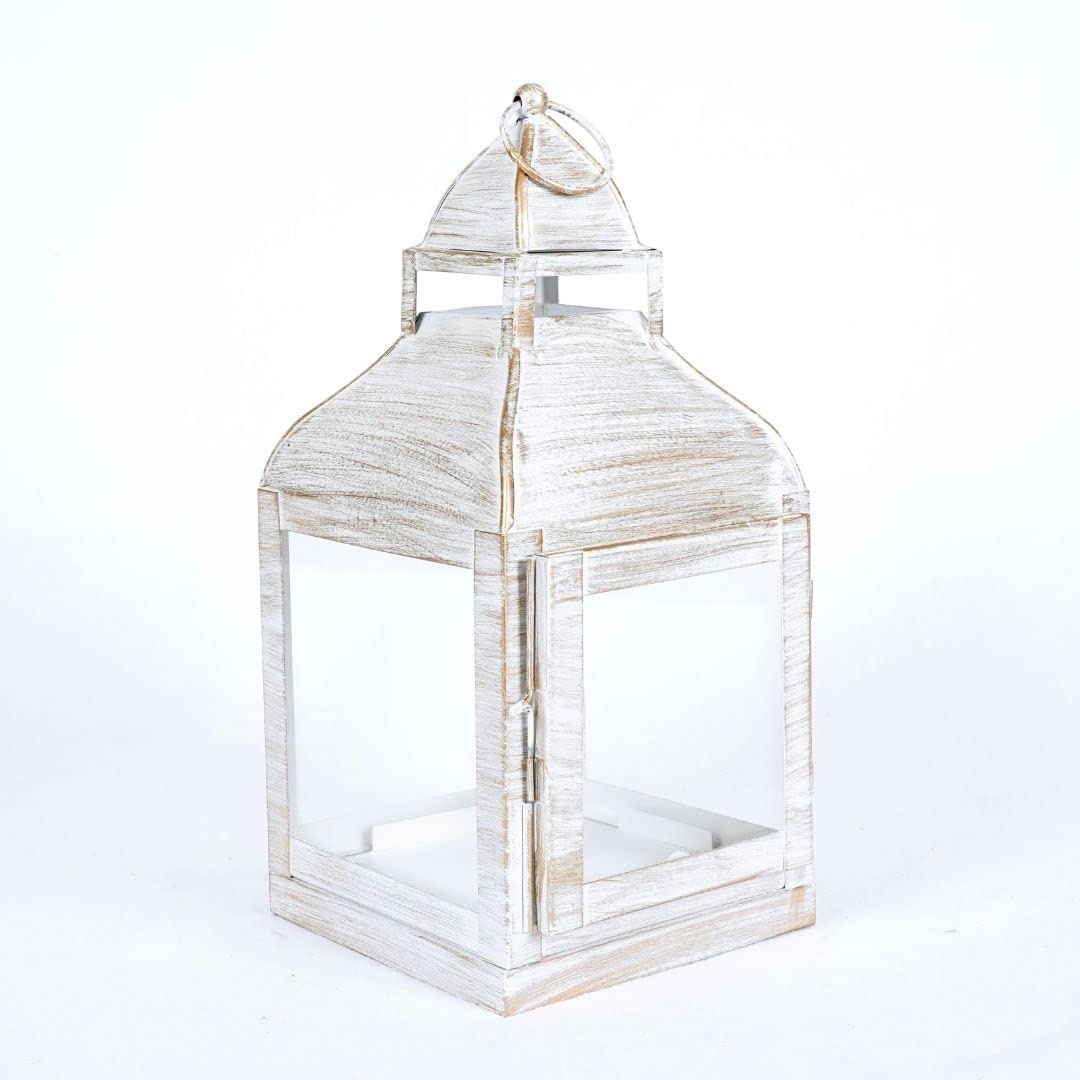 Behoma Vintage Style Metal & Clear Glass Miami Lantern, 11.4 inch Rustic White Tea Light Candle Holder for Diwali Décor, Table-top and Wall-Hanging Indoor and Outdoor (Candle/Lights NOT Included)