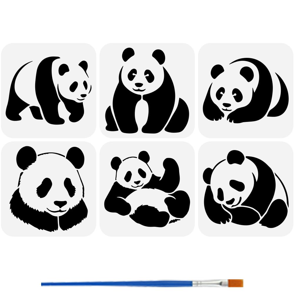 FINGERINSPIRE 6PCS Panda Stencils with 1Pc Plastic Paint Brush 15x15cm 6 Styles Panda Bear Stencils Animal Theme Plastic Template for Painting on Wall Wood Furniture DIY Home Decoration