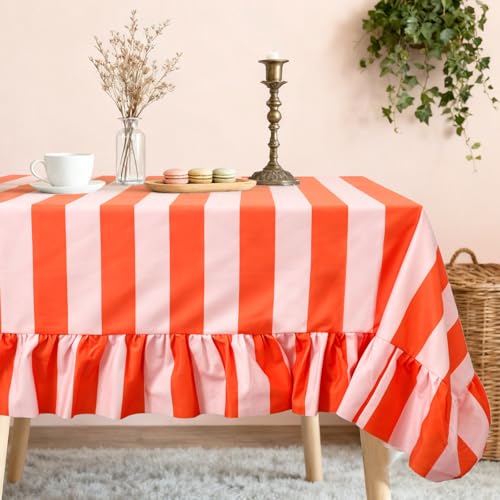 JarThenaAMCS Ruffle Tablecloth Orange Pink Striped Table Cloth Rectangle Decorative Table Cover for Home Kitchen Baby Bridal Shower Wedding Birthday Party Decor, 55 x 70 Inch